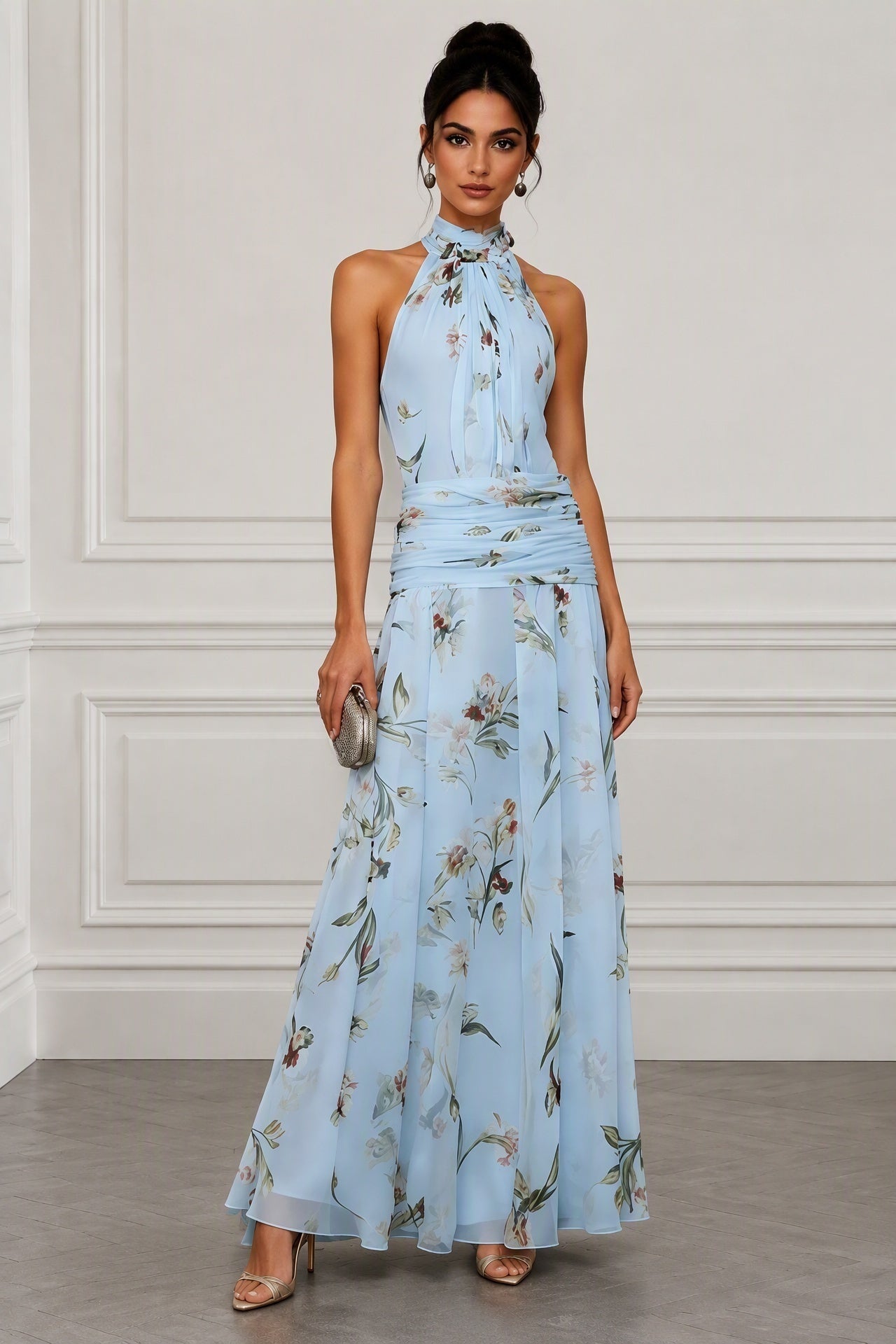 A-Line Maxi Printed Chiffon Wedding Guest Dress CG0357