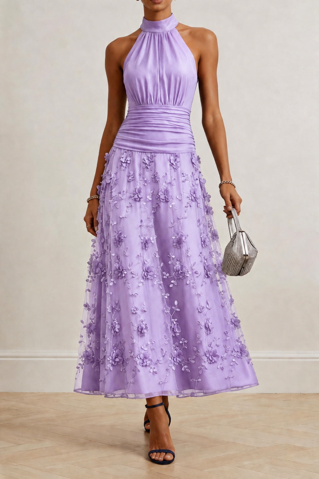 A-Line Ankle Length Stretch Satin Lace Wedding Guest Dress CG0360
