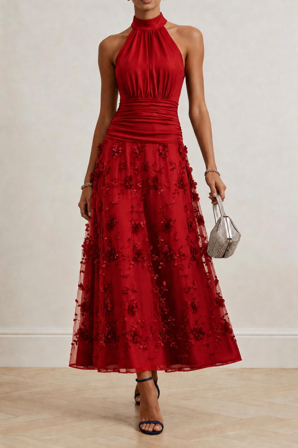 A-Line Ankle Length Stretch Satin Lace Wedding Guest Dress CG0360
