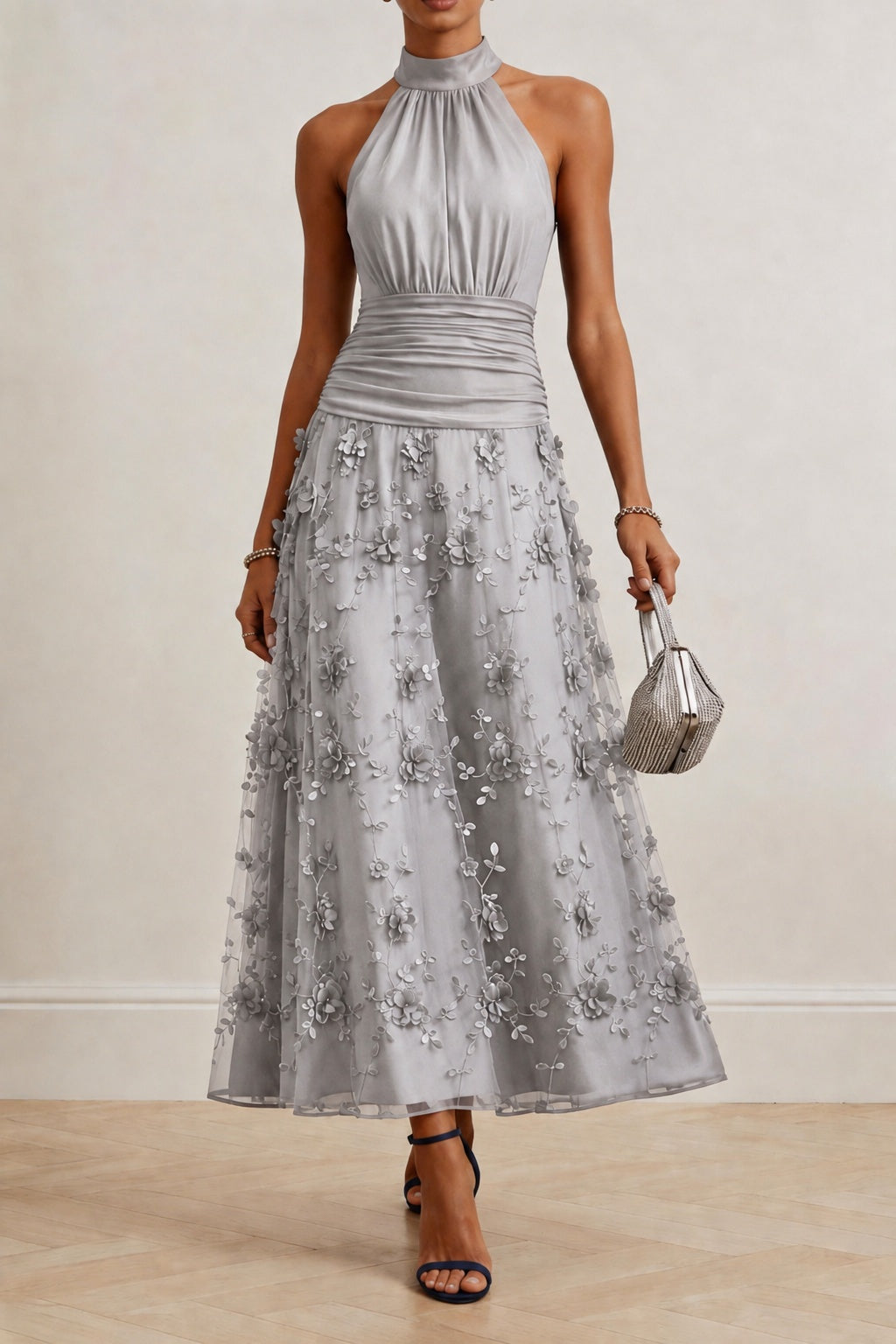 A-Line Ankle Length Stretch Satin Lace Wedding Guest Dress CG0360