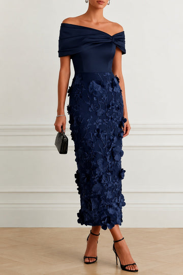 Sheath -Column Tea Length Satin Lace Wedding Guest Dress CG0362