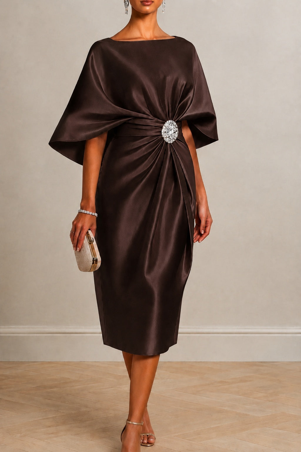 Sheath -Column Tea Length Satin Wedding Guest Dress CG0363