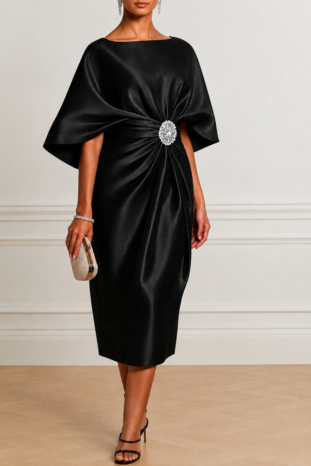 Sheath -Column Tea Length Satin Wedding Guest Dress CG0363