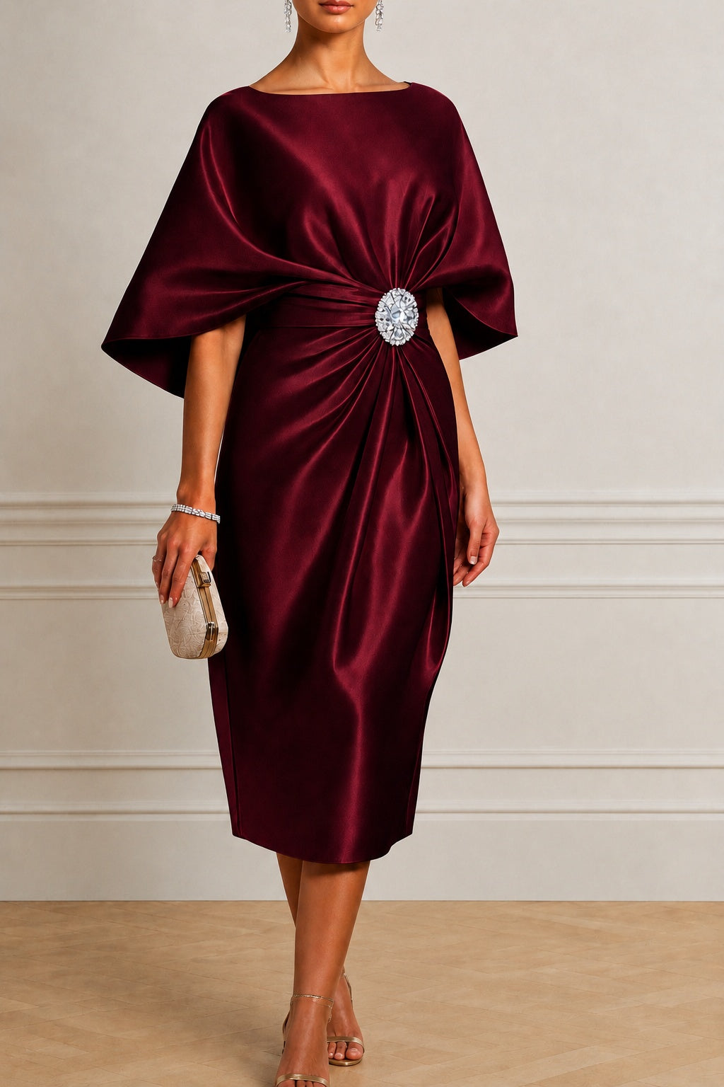 Sheath -Column Tea Length Satin Wedding Guest Dress CG0363