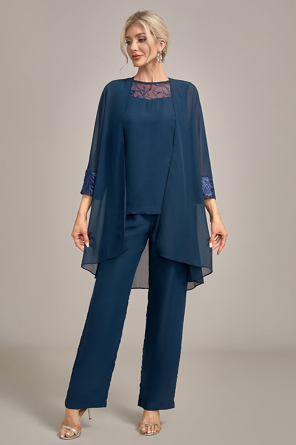 Plus Size Navy Long Sleeves 3 Pieces Mother of the Bride Pant Suits