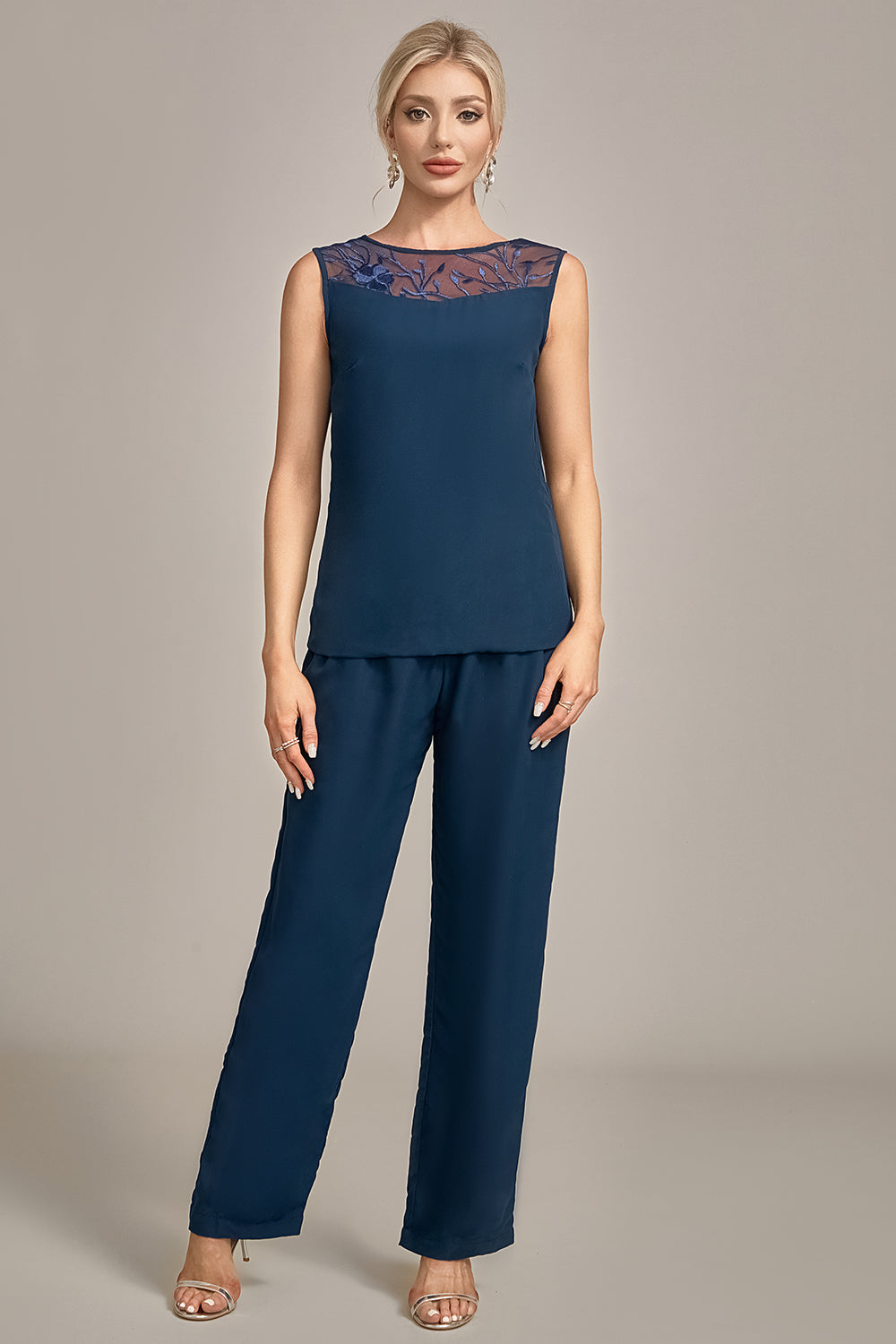 Plus Size Navy Long Sleeves 3 Pieces Mother of the Bride Pant Suits