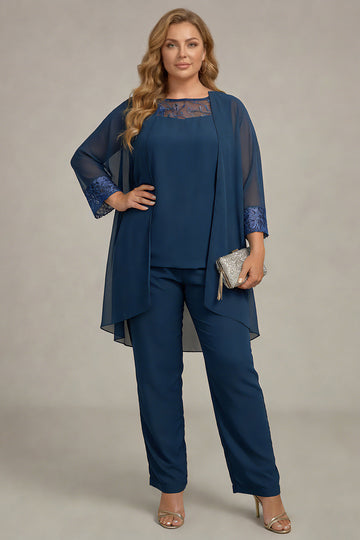Plus Size Navy Long Sleeves 3 Pieces Mother of the Bride Pant Suits