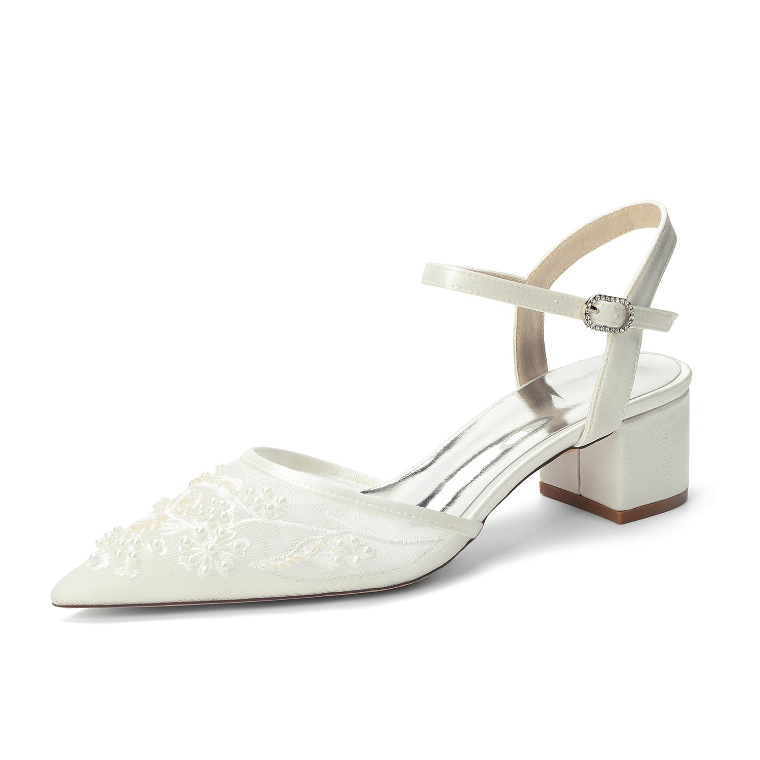 Block Heel 4.5cm Lace Silk-Like Pearl Embroidered Mesh Shoes CK0490