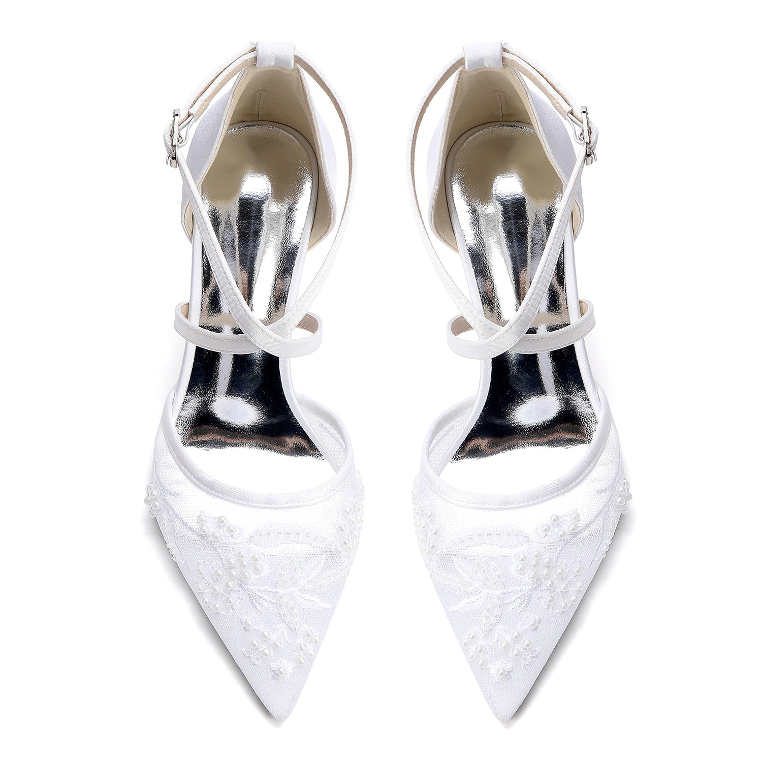 Block Heel 4.5cm Lace Silk-Like Pearl Embroidered Mesh Shoes CK0491