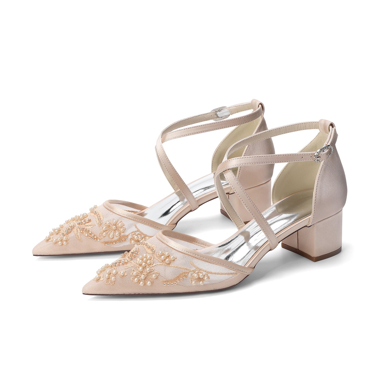 Block Heel 4.5cm Lace Silk-Like Pearl Embroidered Mesh Shoes CK0491