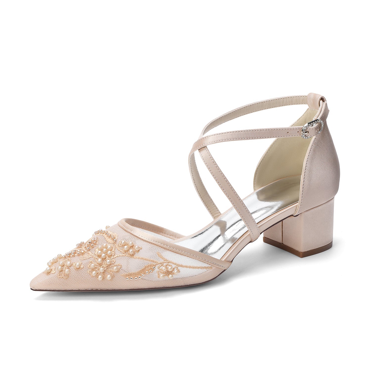 Block Heel 4.5cm Lace Silk-Like Pearl Embroidered Mesh Shoes CK0491
