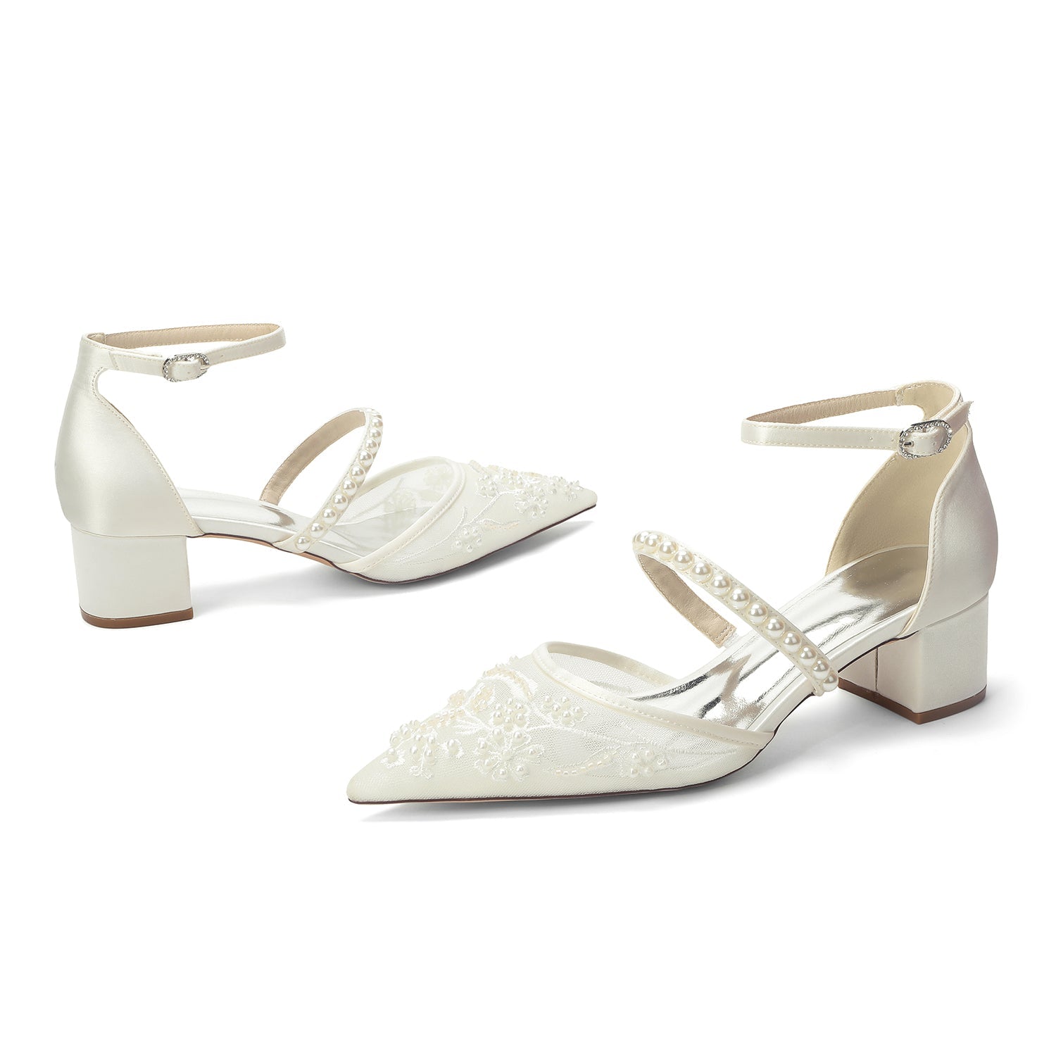 Block Heel 4.5cm Lace Silk-Like Pearl Embroidered Mesh Shoes CK0493