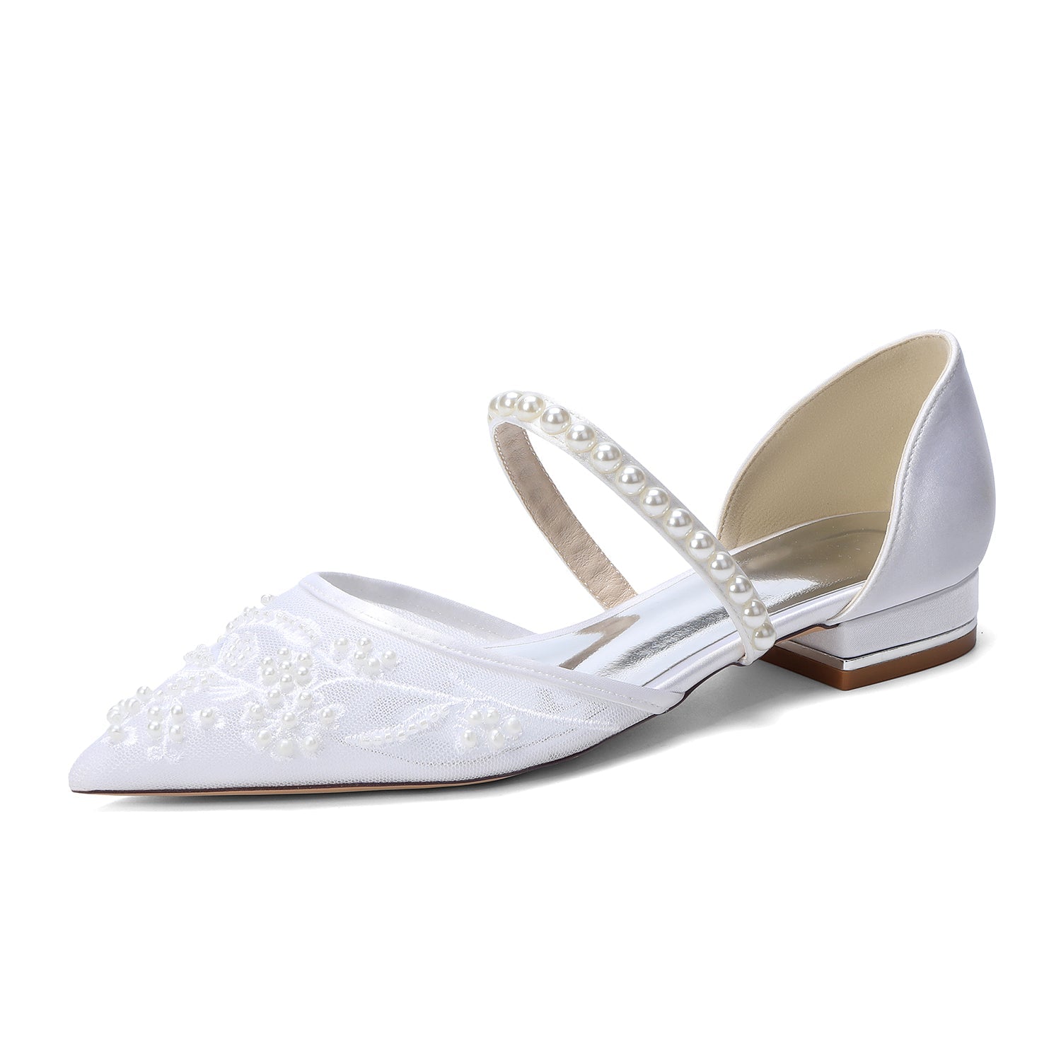 Lace Silk-Like Pearl Embroidered Mesh Flat Shoes CK0497