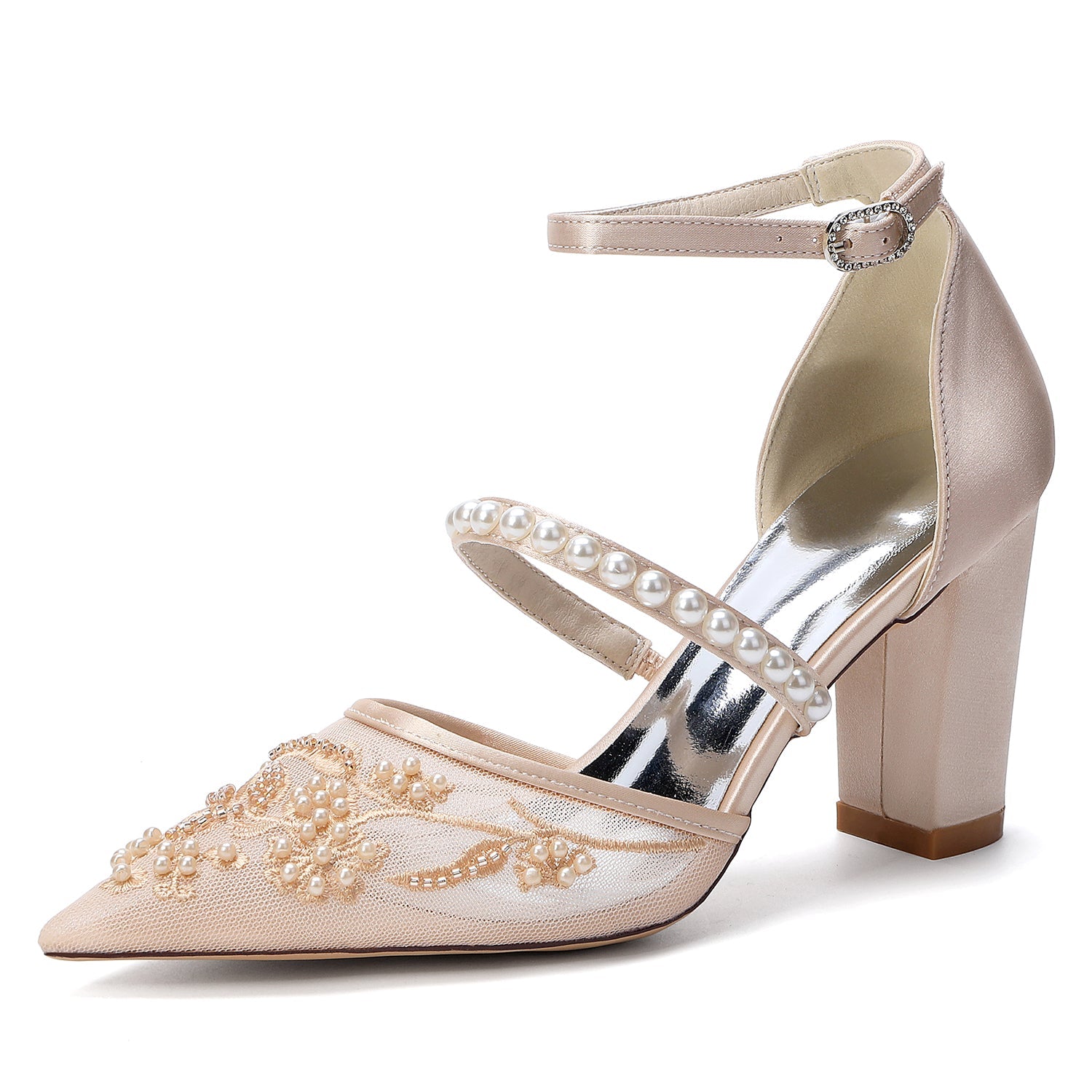 Chunky Heel 8.5cm Lace Silk-Like Pearl Embroidered Mesh Shoes CK0500