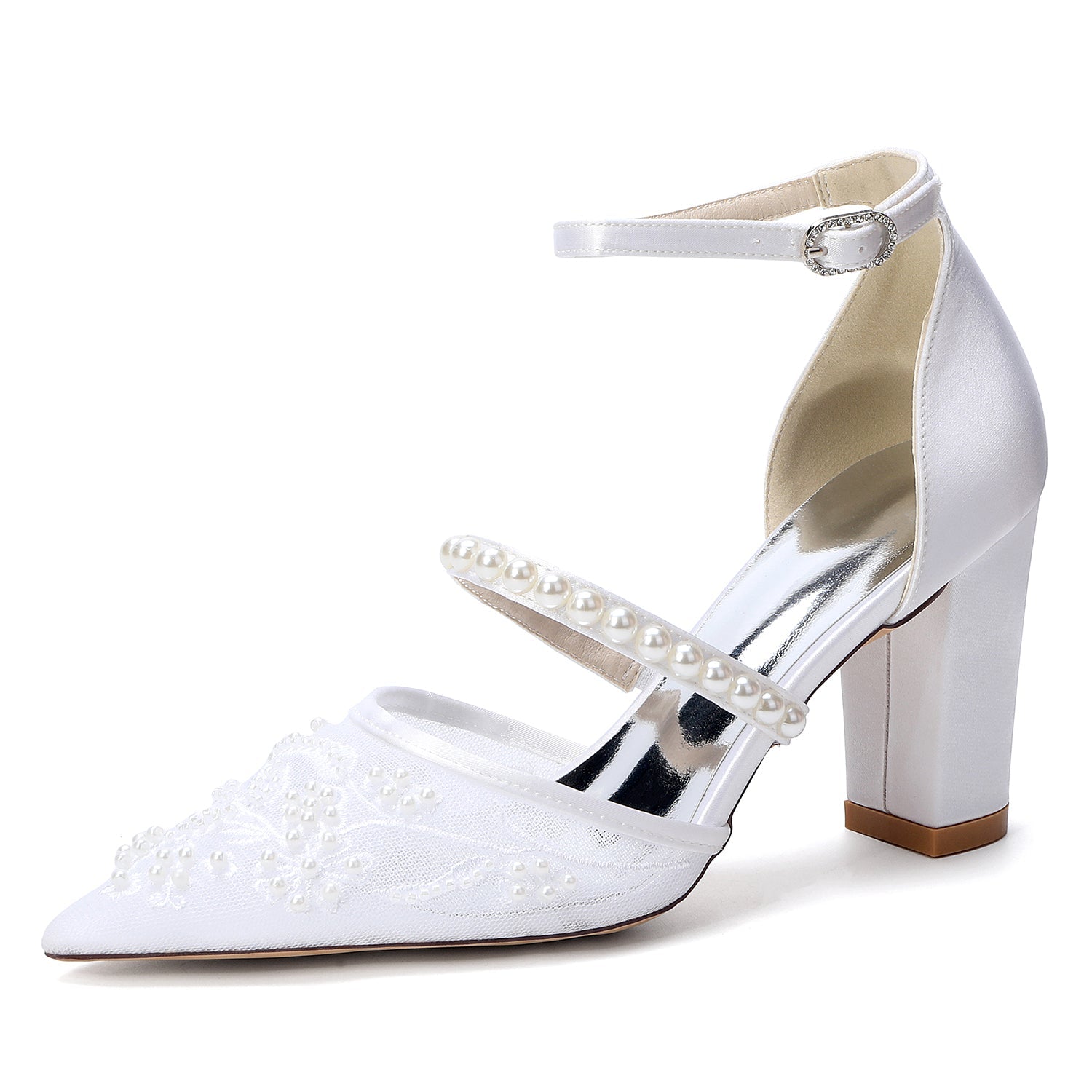 Chunky Heel 8.5cm Lace Silk-Like Pearl Embroidered Mesh Shoes CK0500