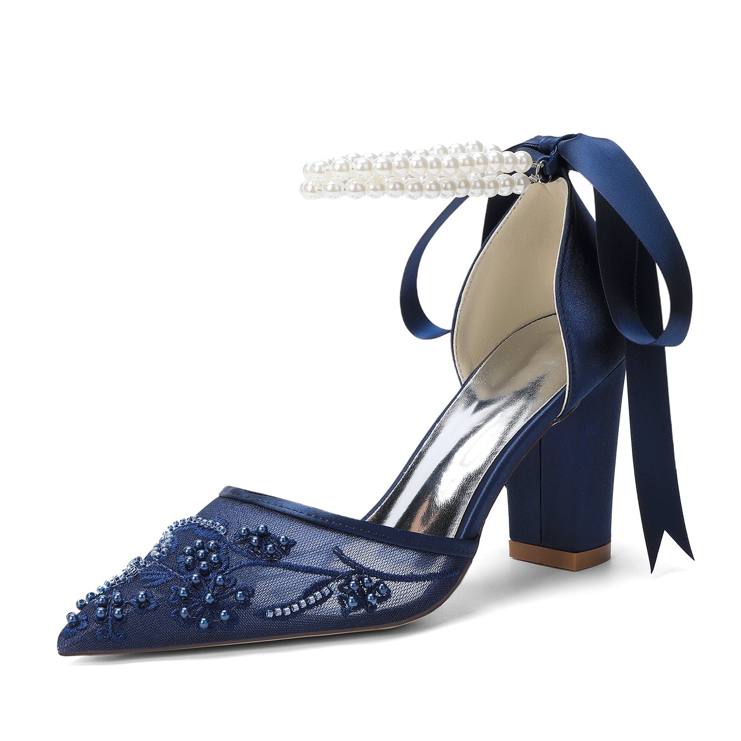 Chunky Heel 8.5cm Lace Silk-Like Pearl Embroidered Mesh Shoes CK0501