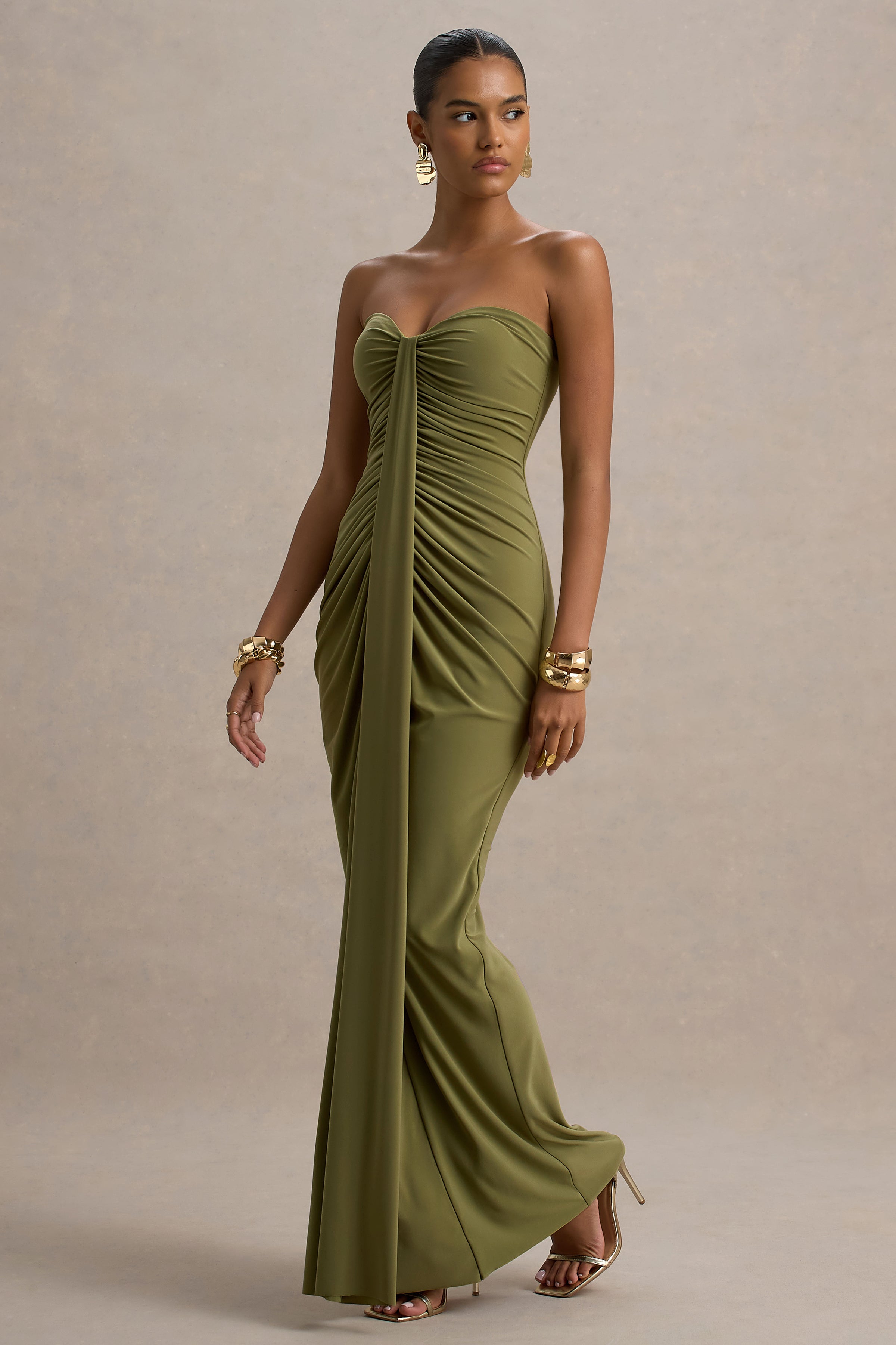 Ali | Olive Sweetheart Ruched Wrap Maxi Dress