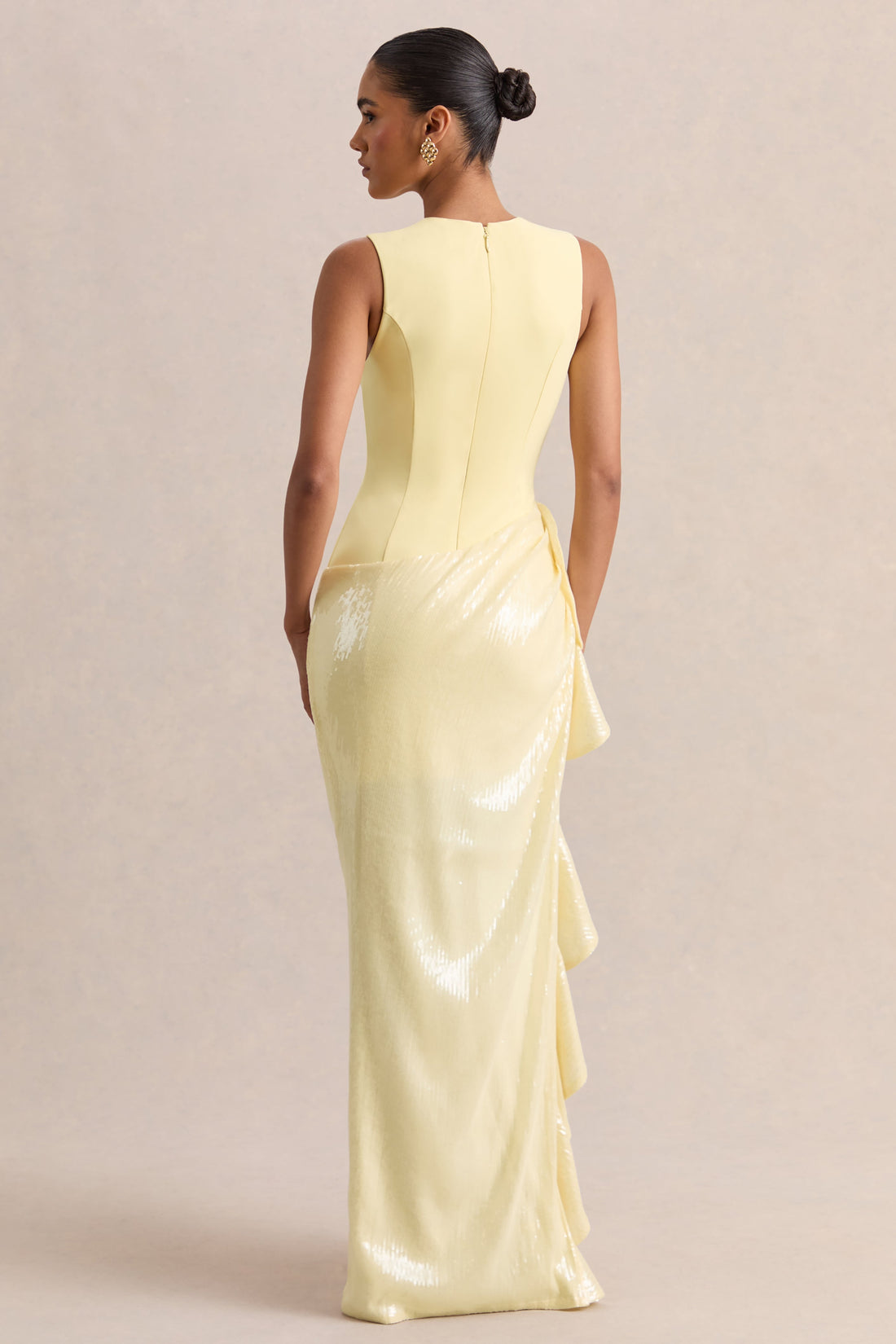 Ada | Lemon Crew-Neck Maxi Dress With Sheer Skirt And Ruffled Detailing