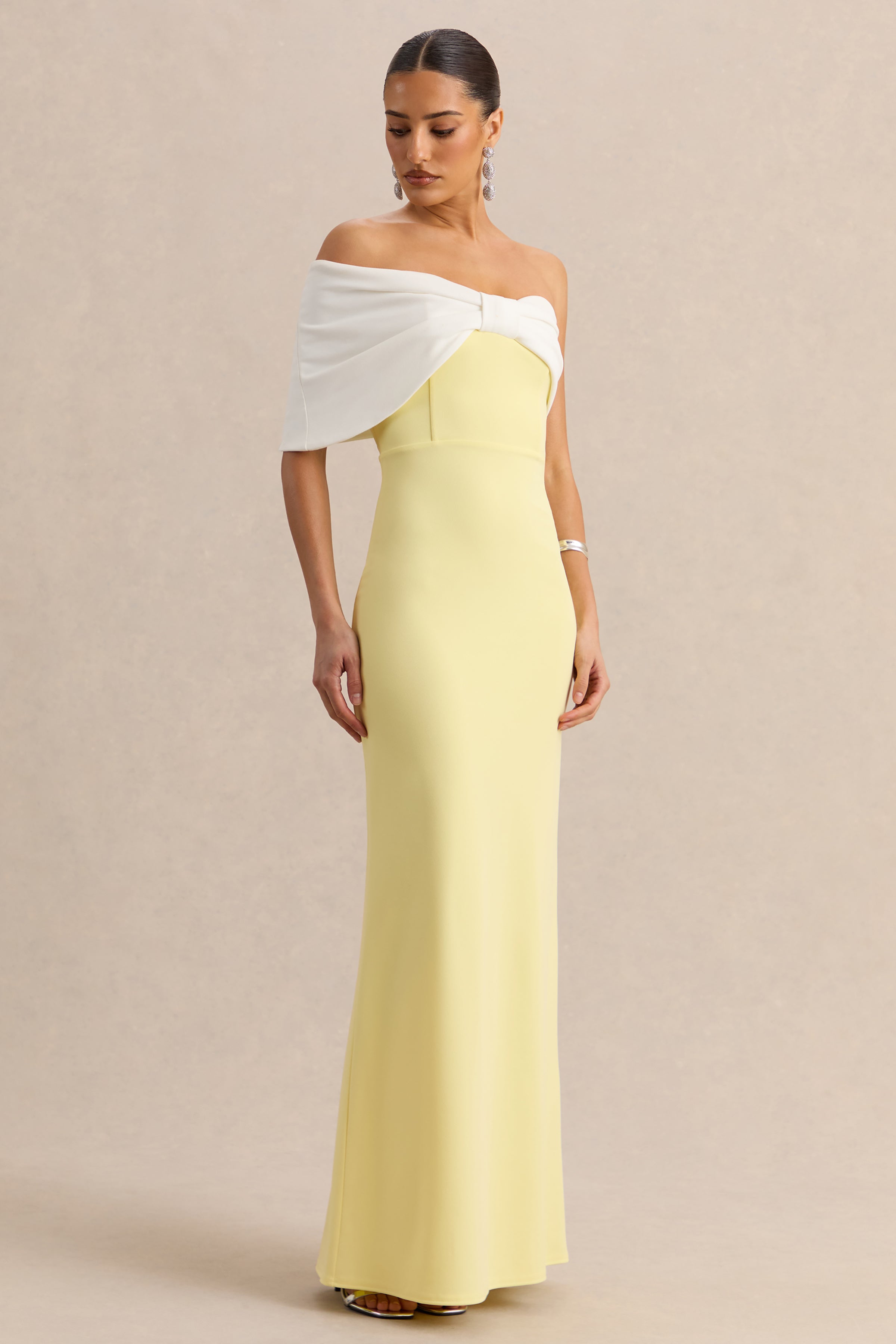 Agatha | Lemon & White Bow Bardot-Neck Maxi Dress