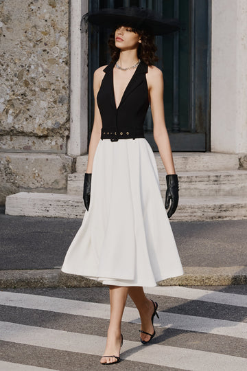 Alessa | Black & White Plunge-Neck Tailored Midi Dress