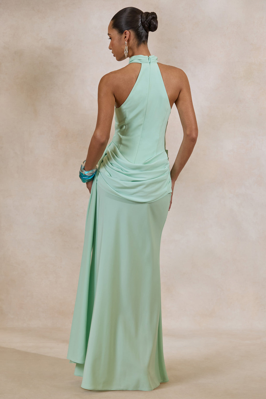 Aevina | Mint Satin Asymmetric-Neck Maxi Dress With Scarf-Detail