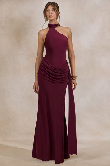 Aevina | Burgundy Satin Asymmetric-Neck Maxi Dress With Scarf-Detail