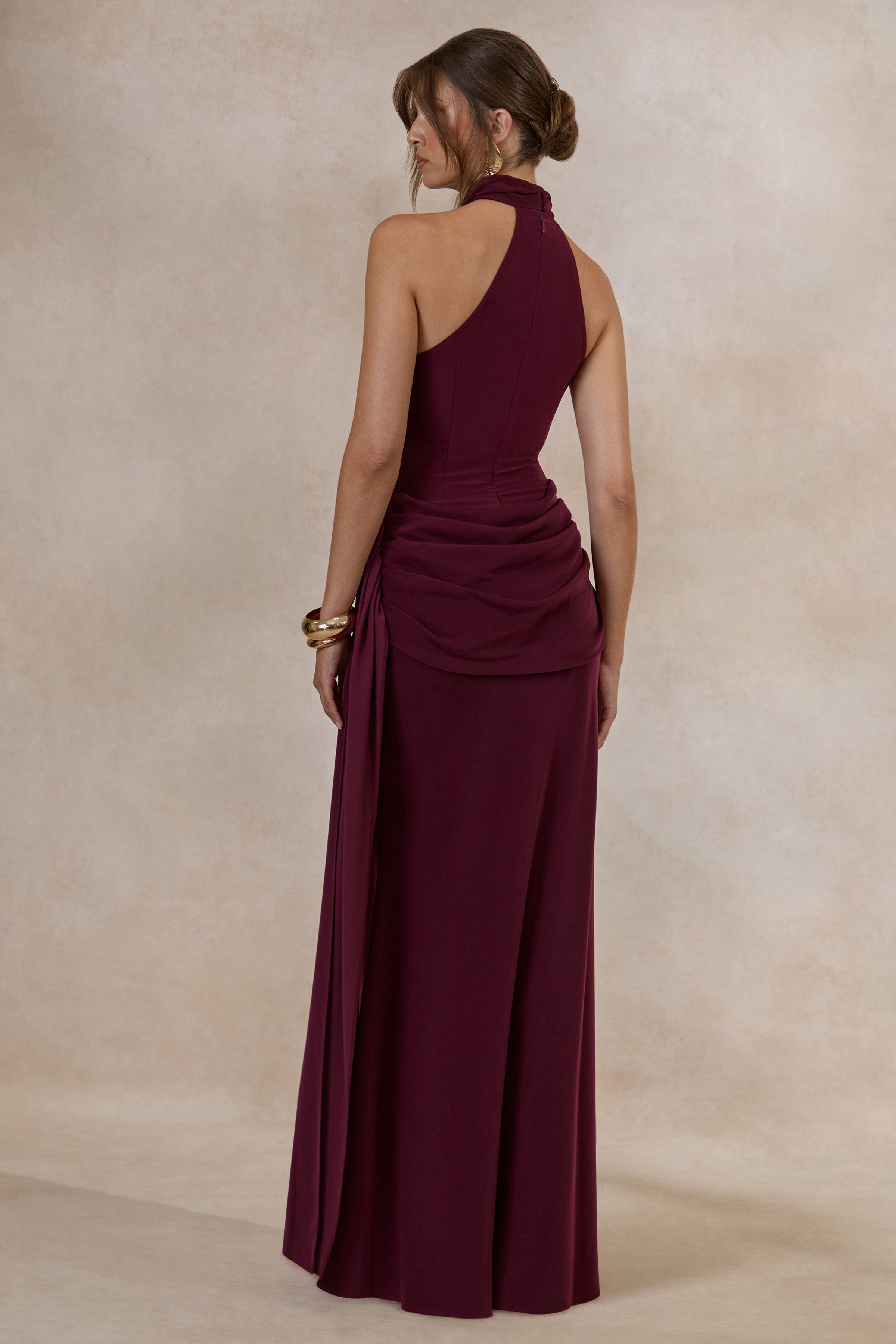 Aevina | Burgundy Satin Asymmetric-Neck Maxi Dress With Scarf-Detail