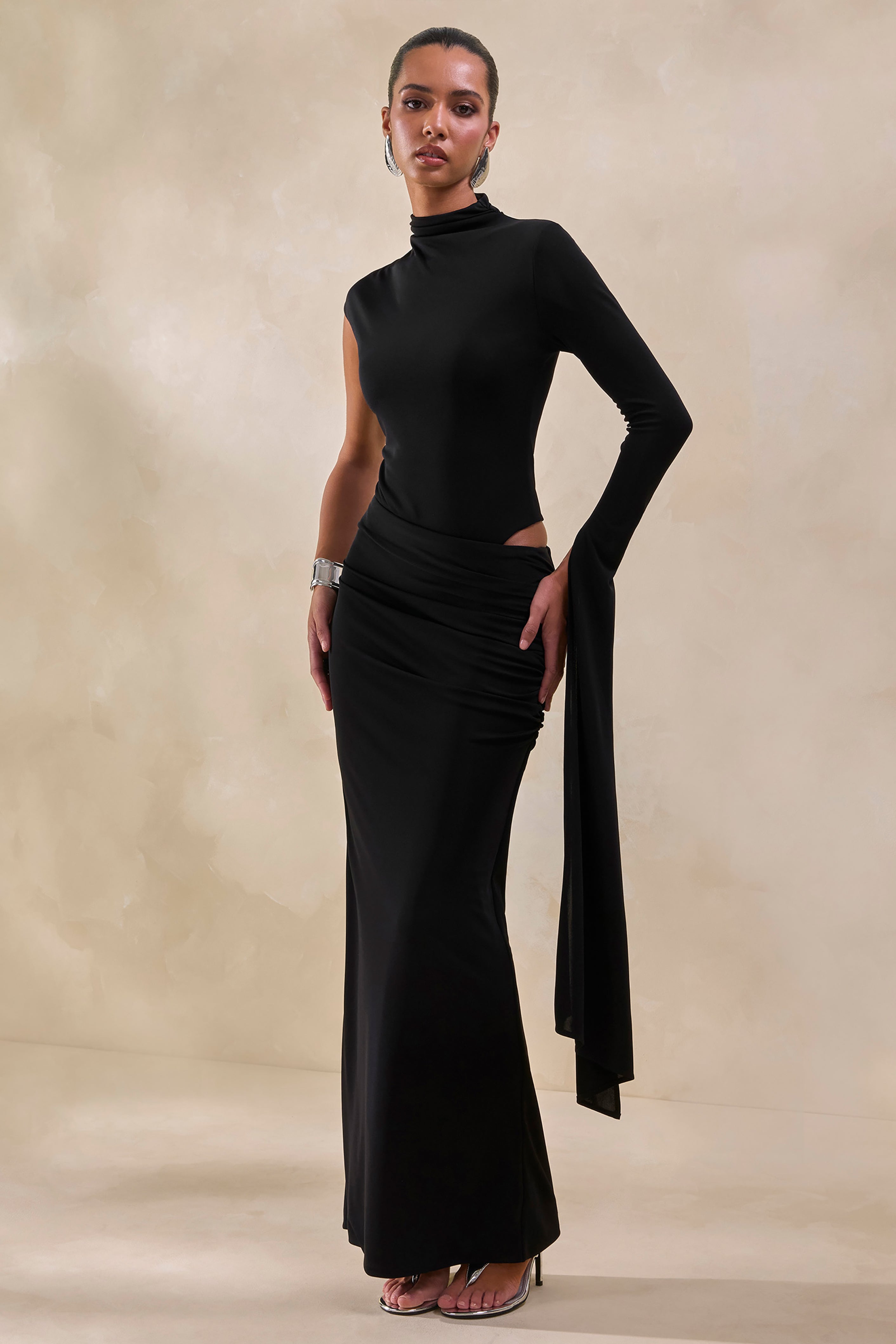 Adessa | Black Asymmetric Waist Ruched Maxi Skirt