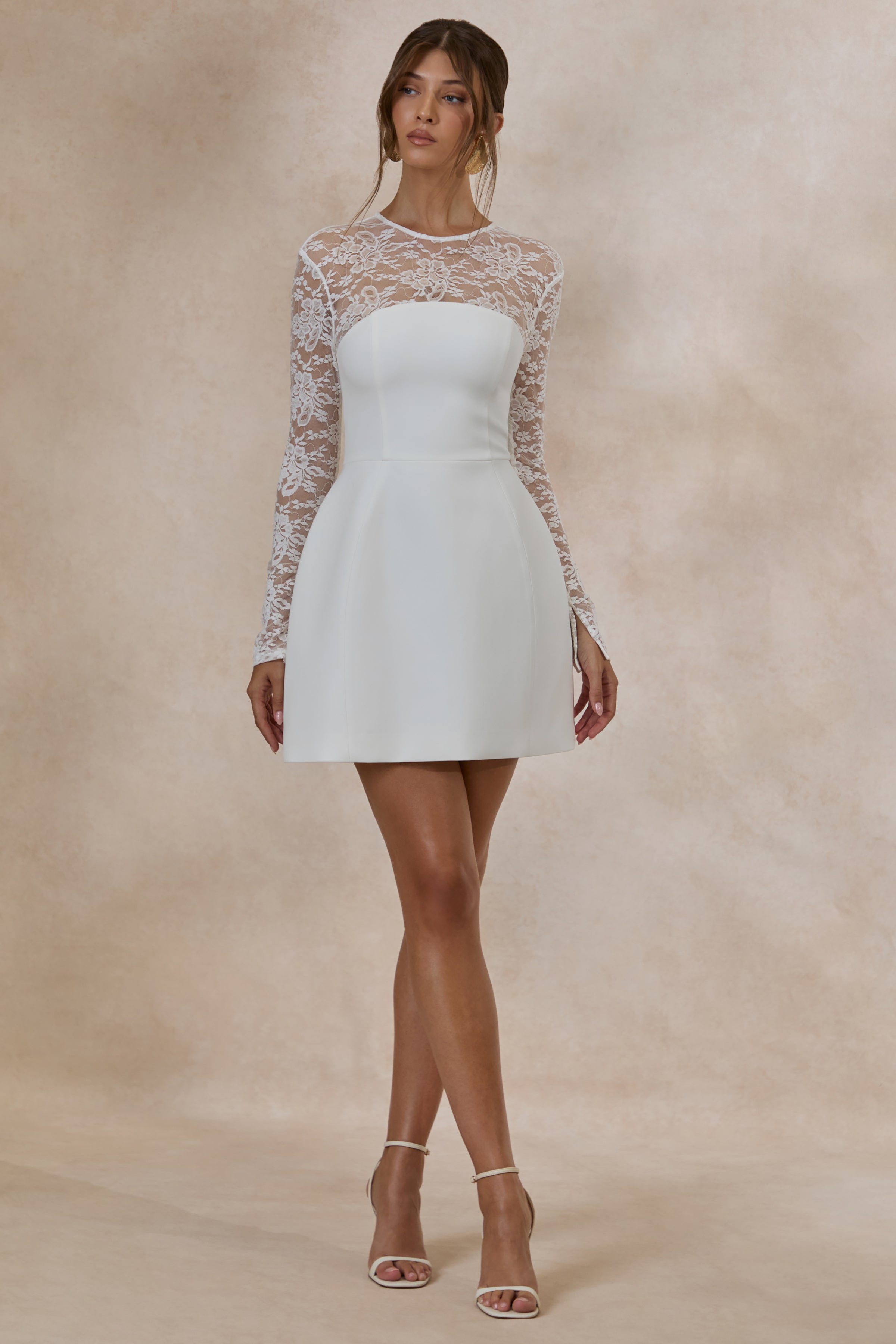 Aerin | White High-Neck Mini Dress With Long-Lace Sleeves