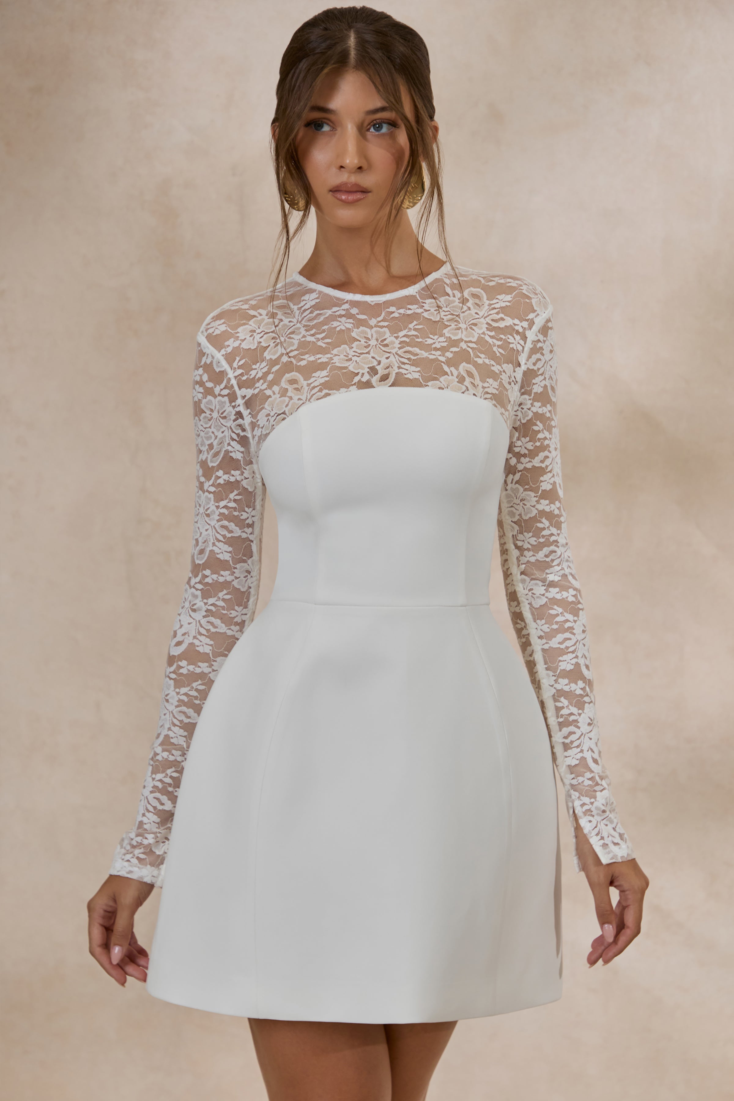 Aerin | White High-Neck Mini Dress With Long-Lace Sleeves