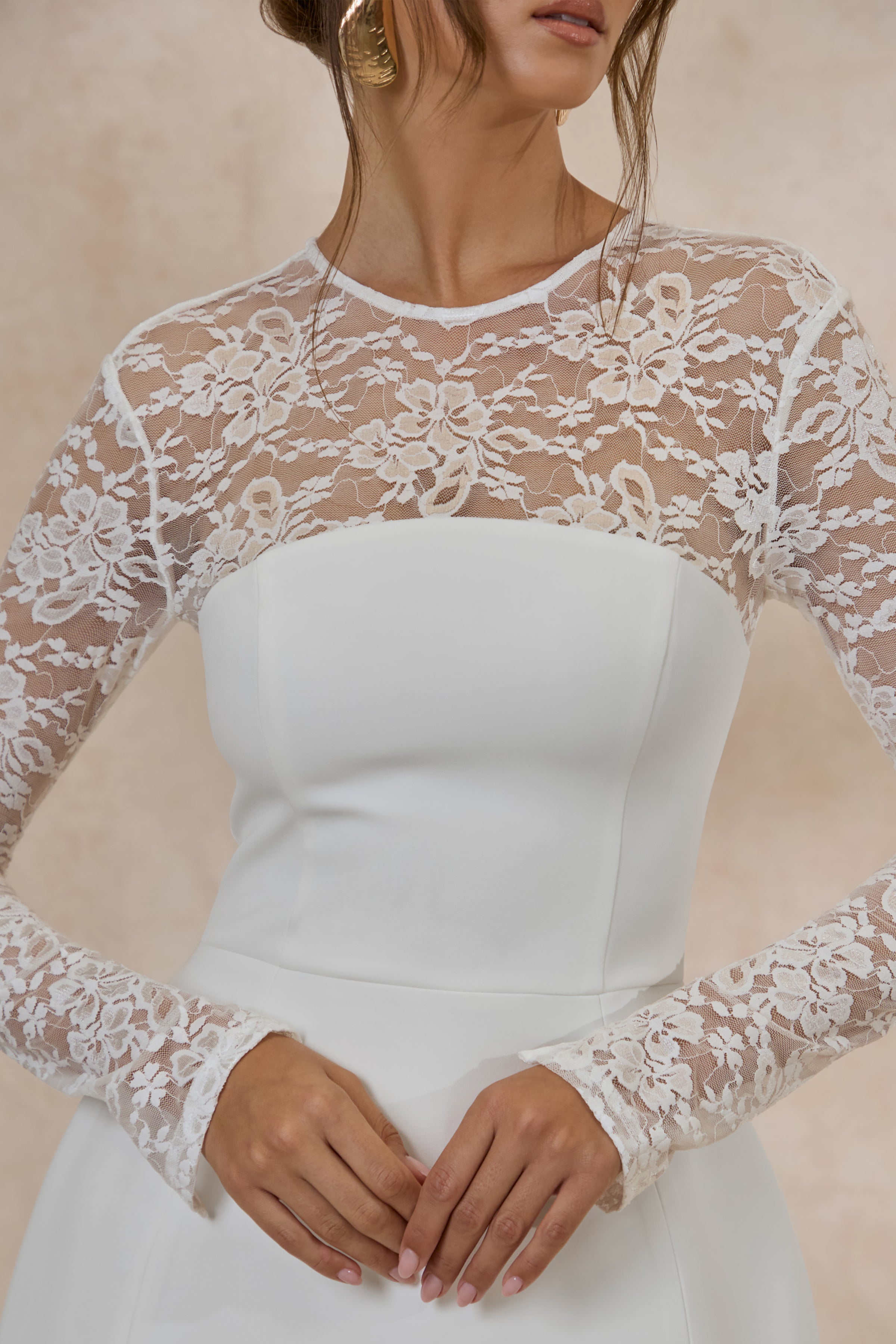Aerin | White High-Neck Mini Dress With Long-Lace Sleeves