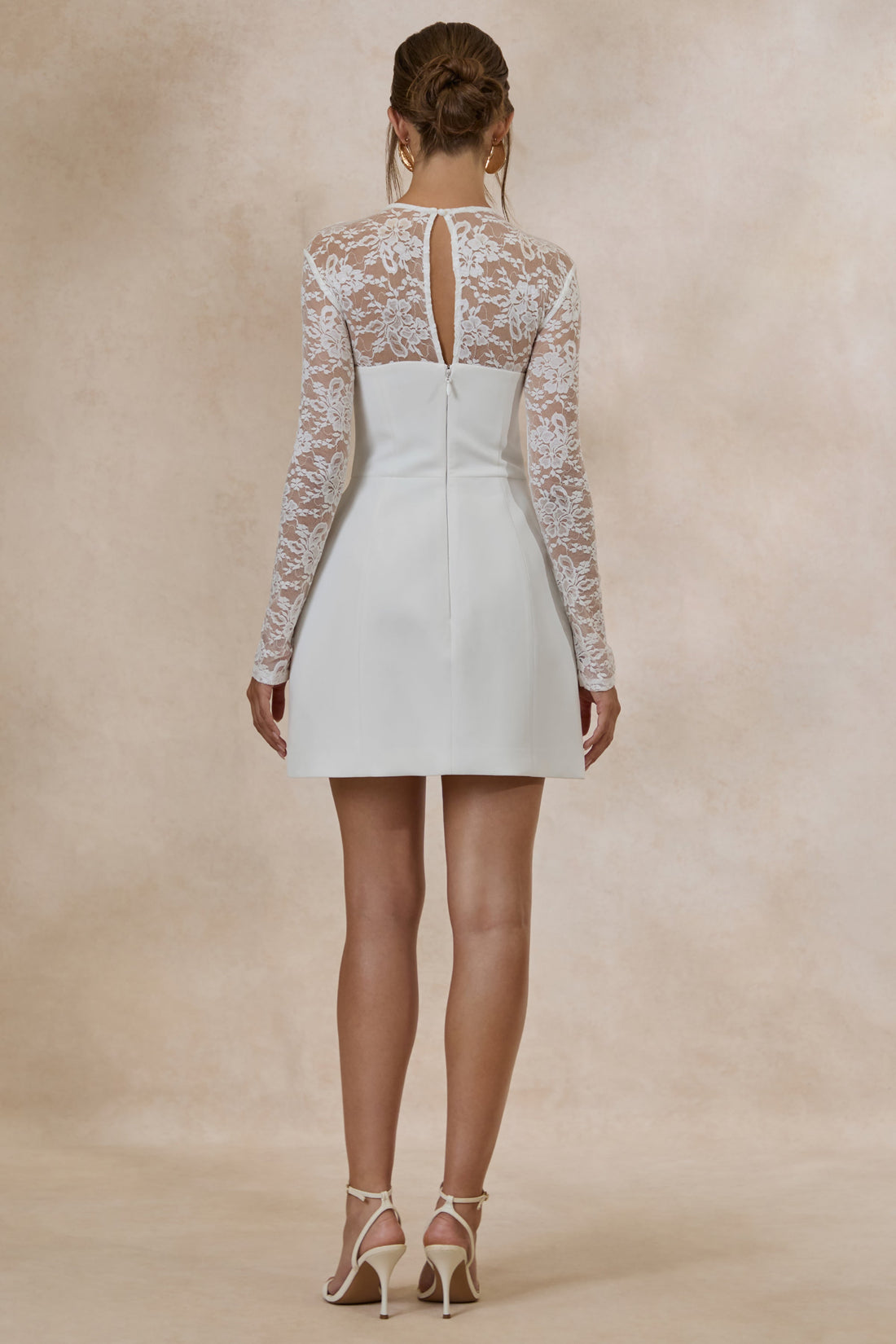 Aerin | White High-Neck Mini Dress With Long-Lace Sleeves