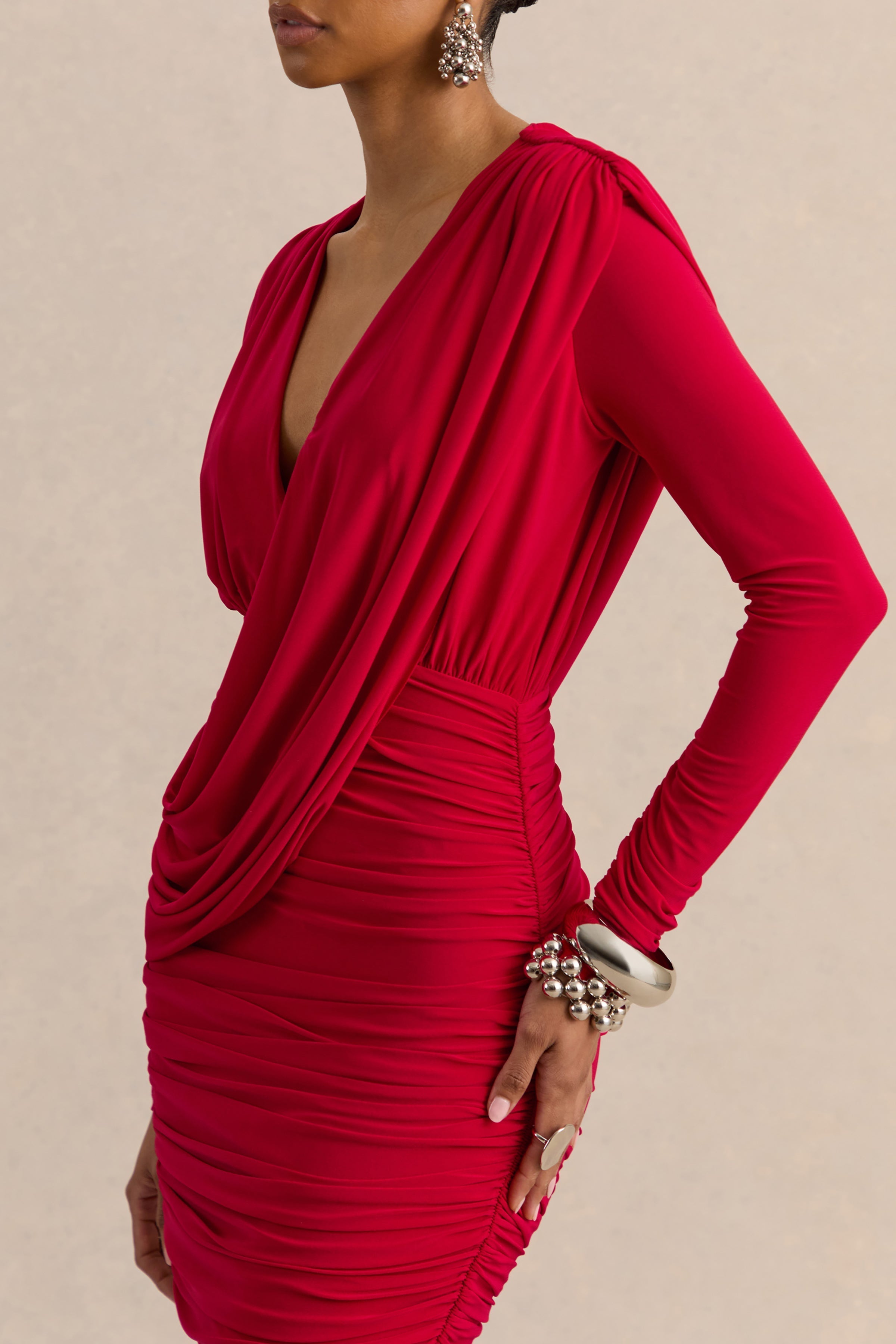 Ajana | Red Plunge-Neck Wrapped Mini Dress