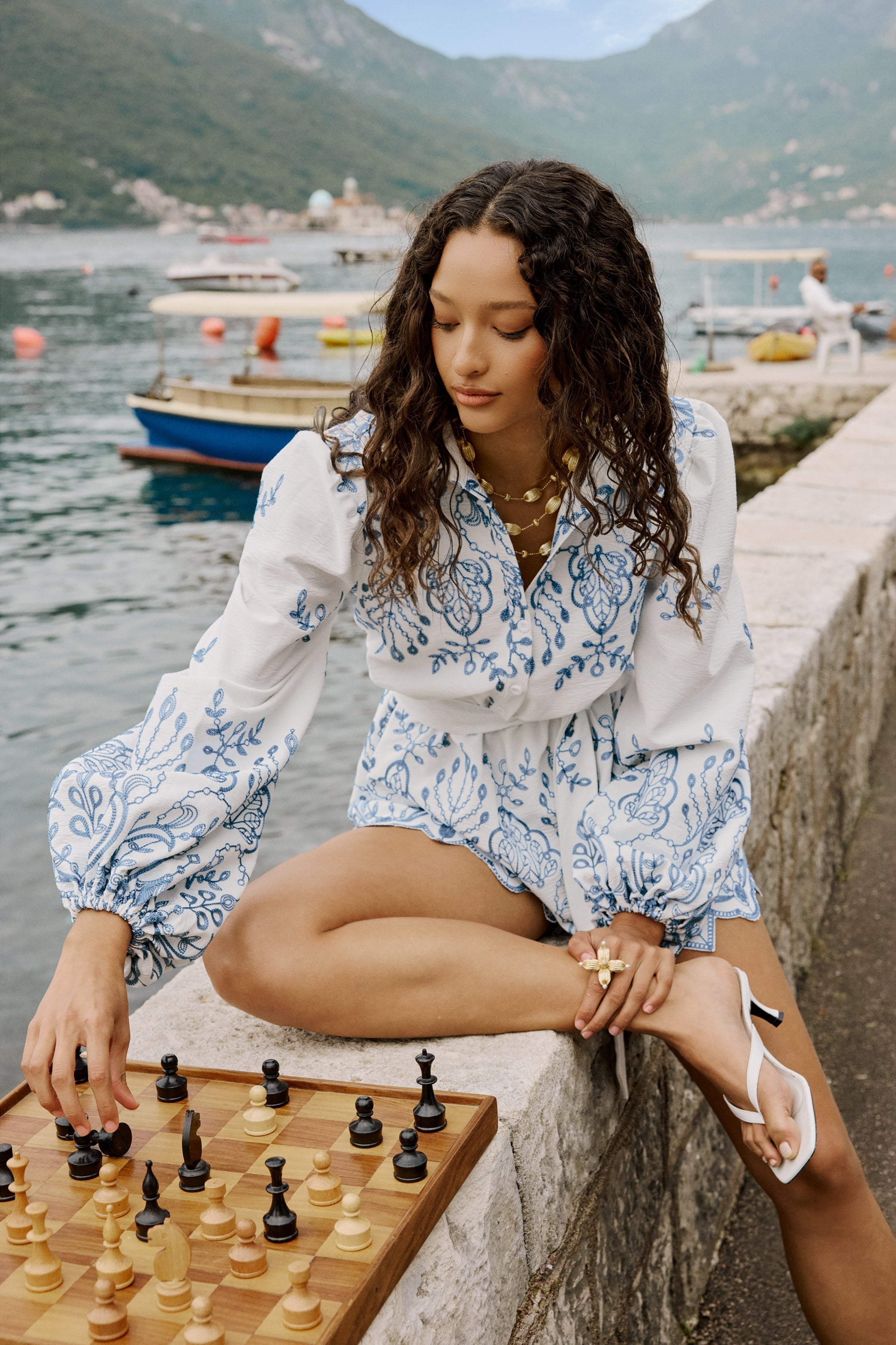 Adria | White And Blue Floral Broderie V-Neck Romper