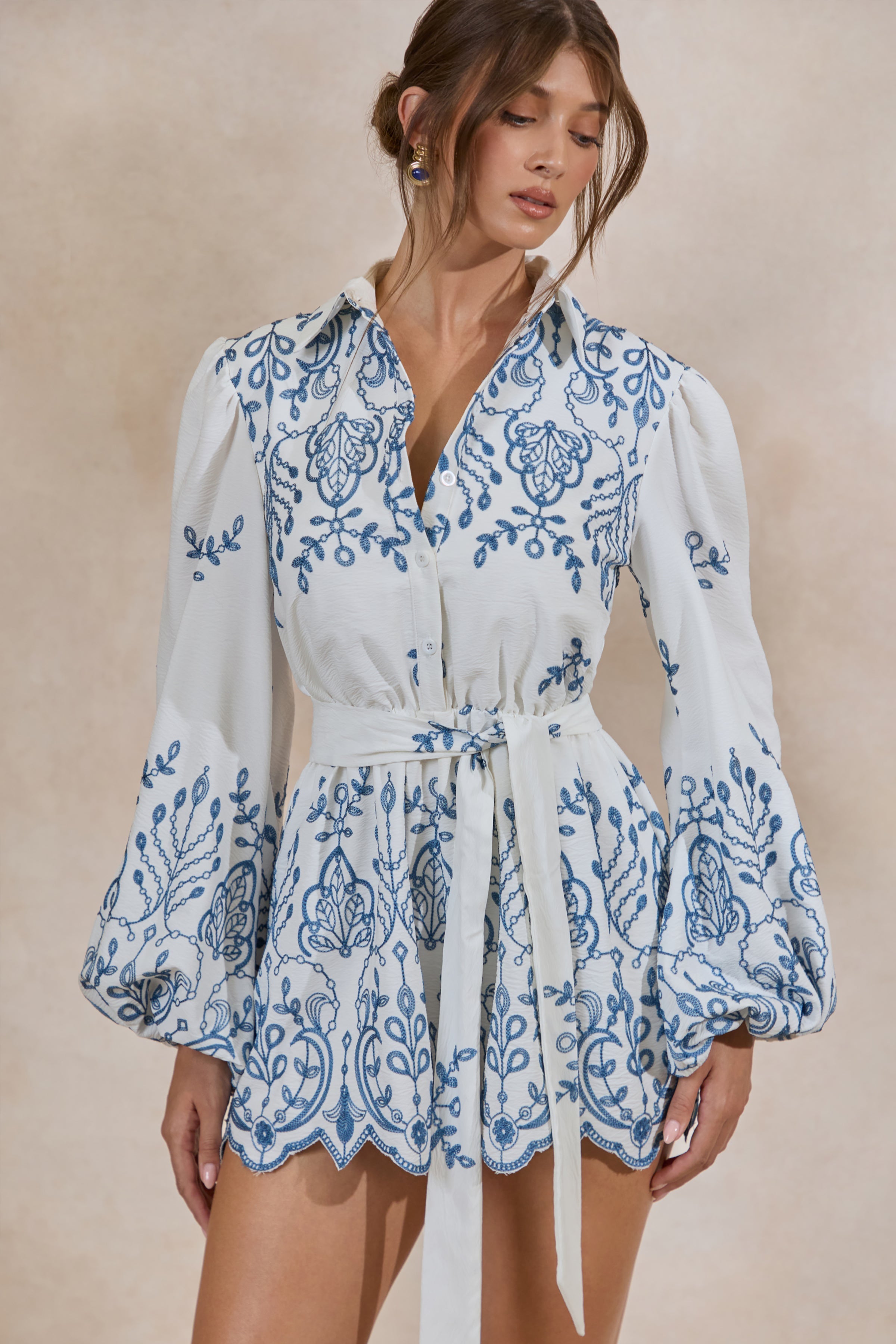 Adria | White And Blue Floral Broderie V-Neck Romper