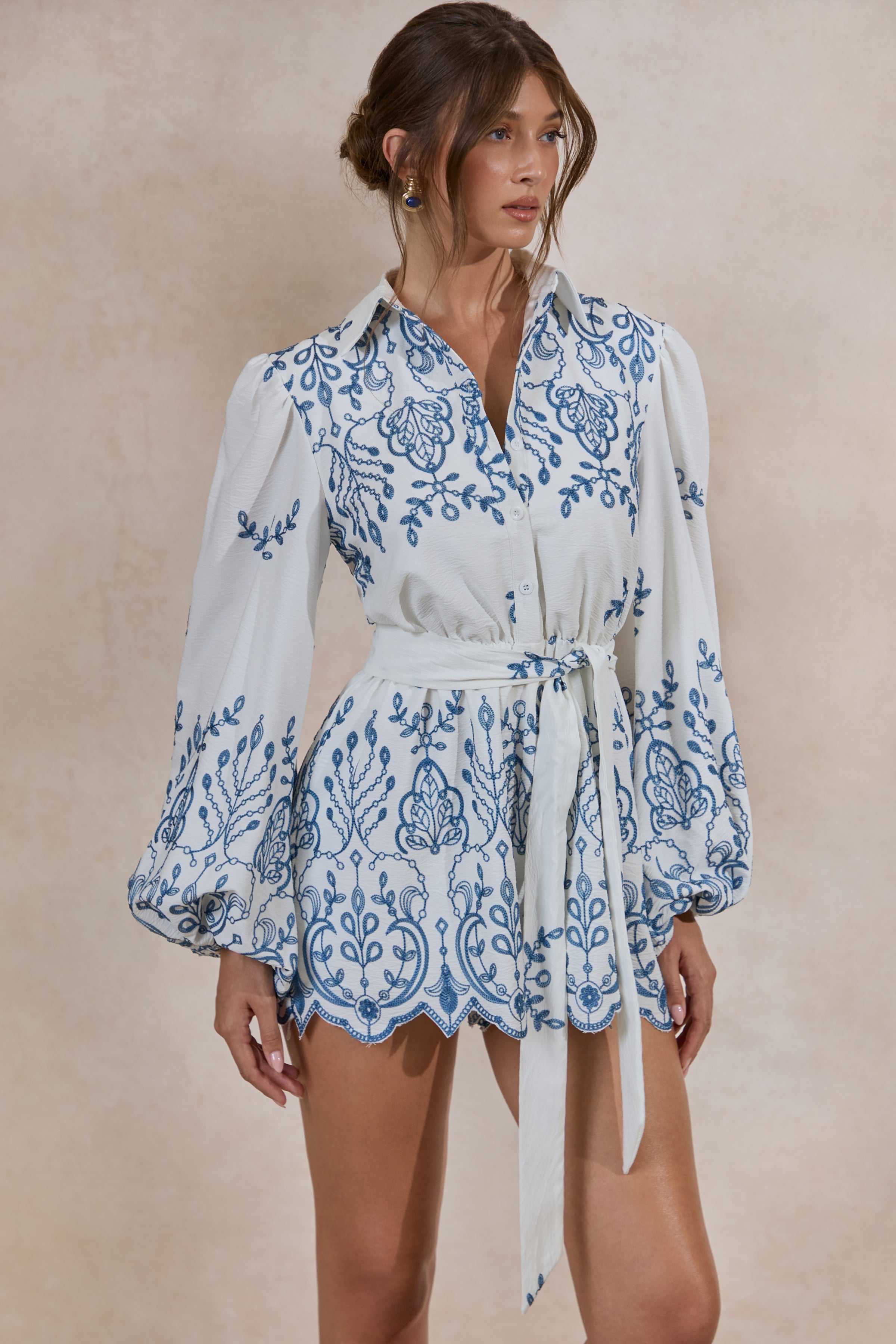 Adria | White And Blue Floral Broderie V-Neck Romper