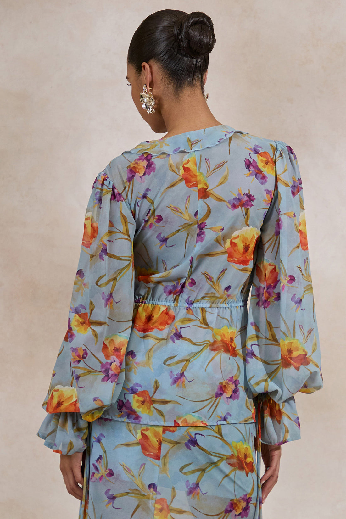 Alveta | Blue Floral Chiffon Sheer V-Neck Top With Ruffled Detailing