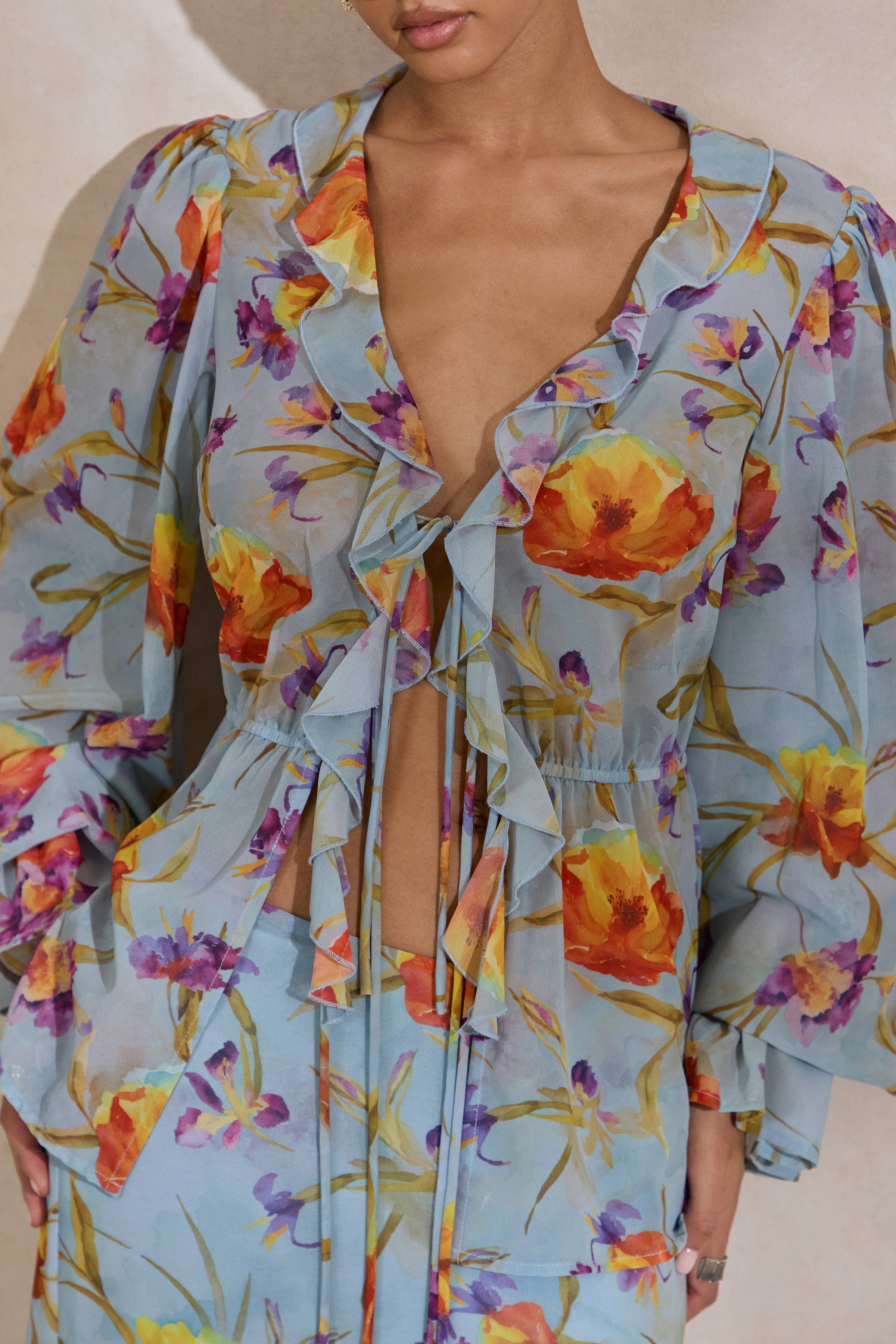 Alveta | Blue Floral Chiffon Sheer V-Neck Top With Ruffled Detailing