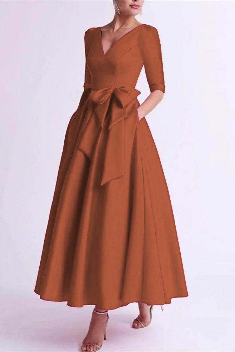 A Line V Neck 3/4 Length Sleeve Tea Length Satin Mother Dresses CM0344