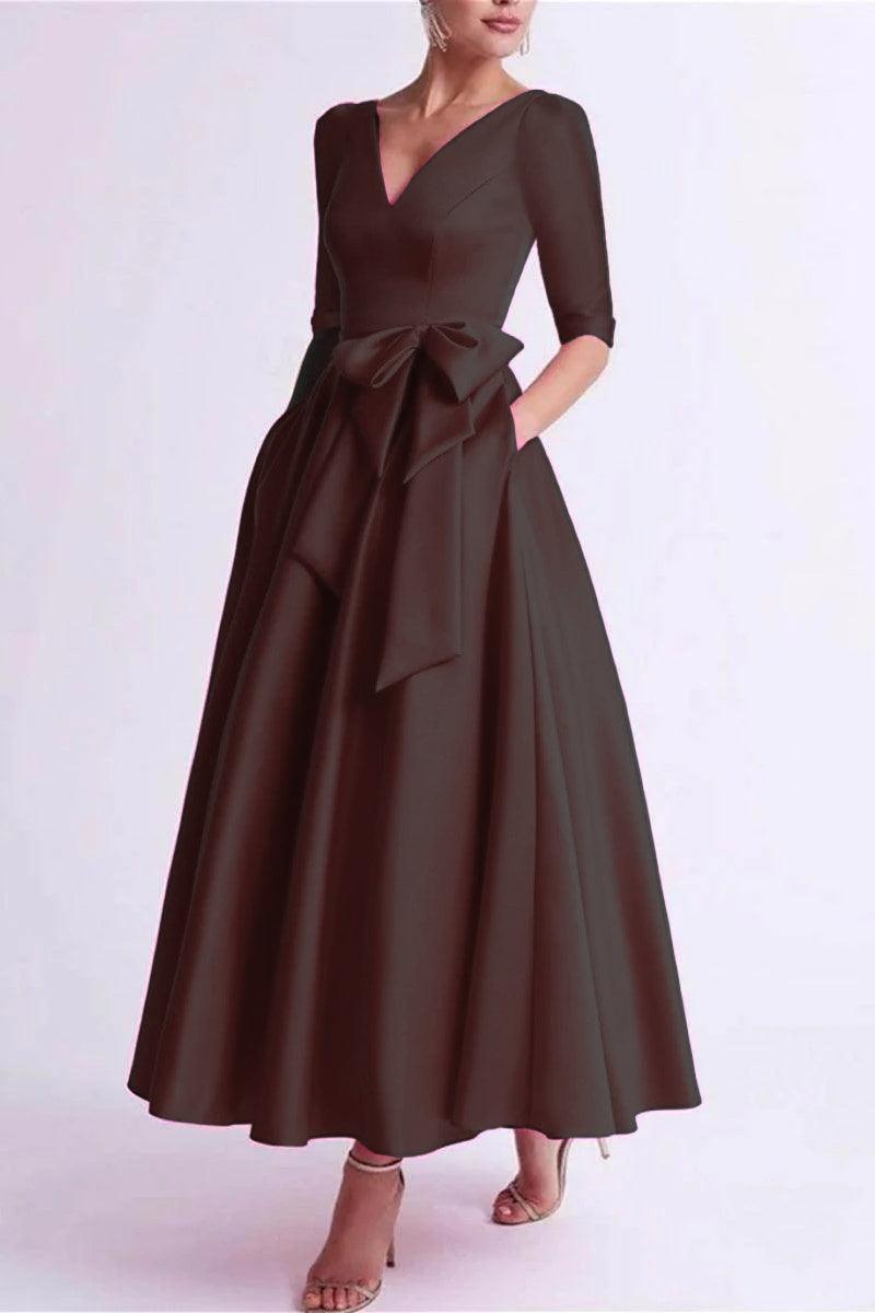A Line V Neck 3/4 Length Sleeve Tea Length Satin Mother Dresses CM0344