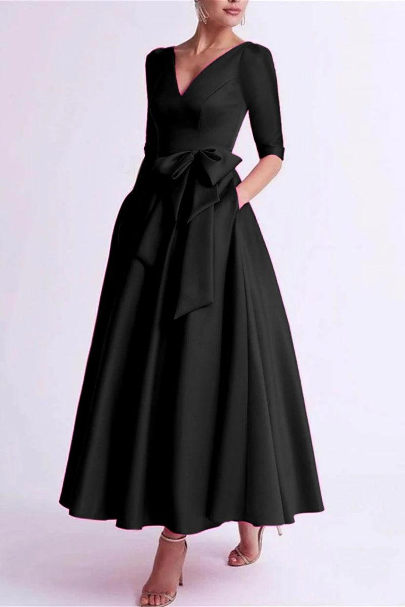 A Line V Neck 3/4 Length Sleeve Tea Length Satin Mother Dresses CM0344