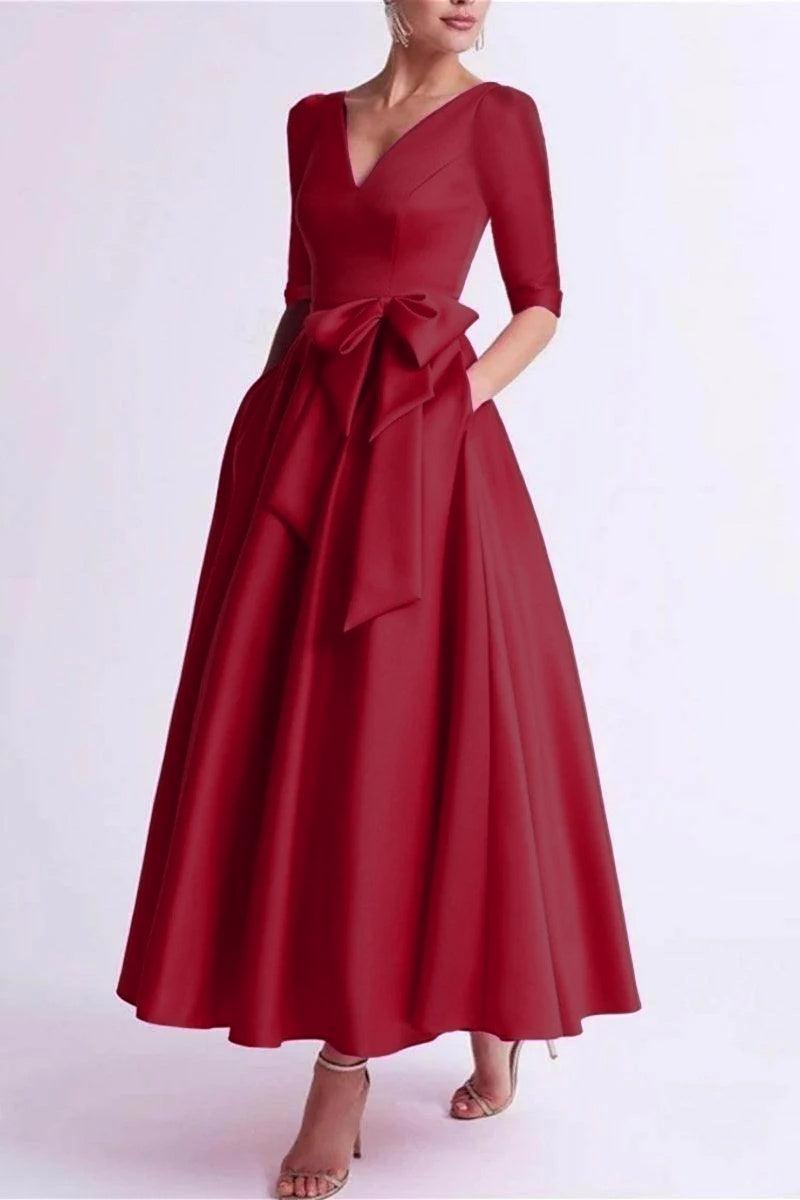 A Line V Neck 3/4 Length Sleeve Tea Length Satin Mother Dresses CM0344