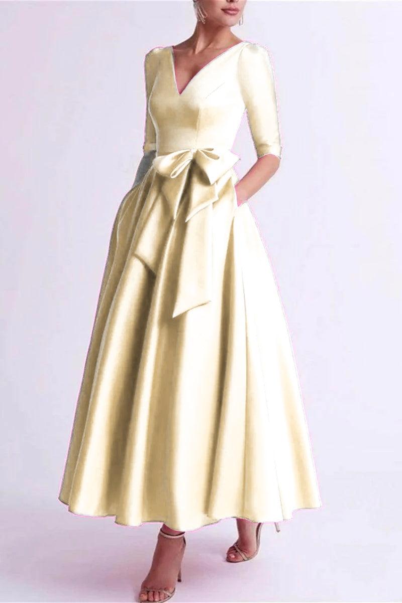 A Line V Neck 3/4 Length Sleeve Tea Length Satin Mother Dresses CM0344