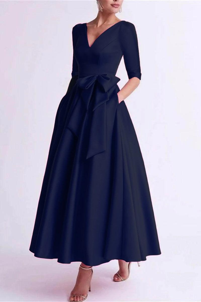 A Line V Neck 3/4 Length Sleeve Tea Length Satin Mother Dresses CM0344
