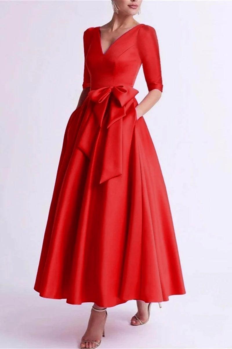 A Line V Neck 3/4 Length Sleeve Tea Length Satin Mother Dresses CM0344