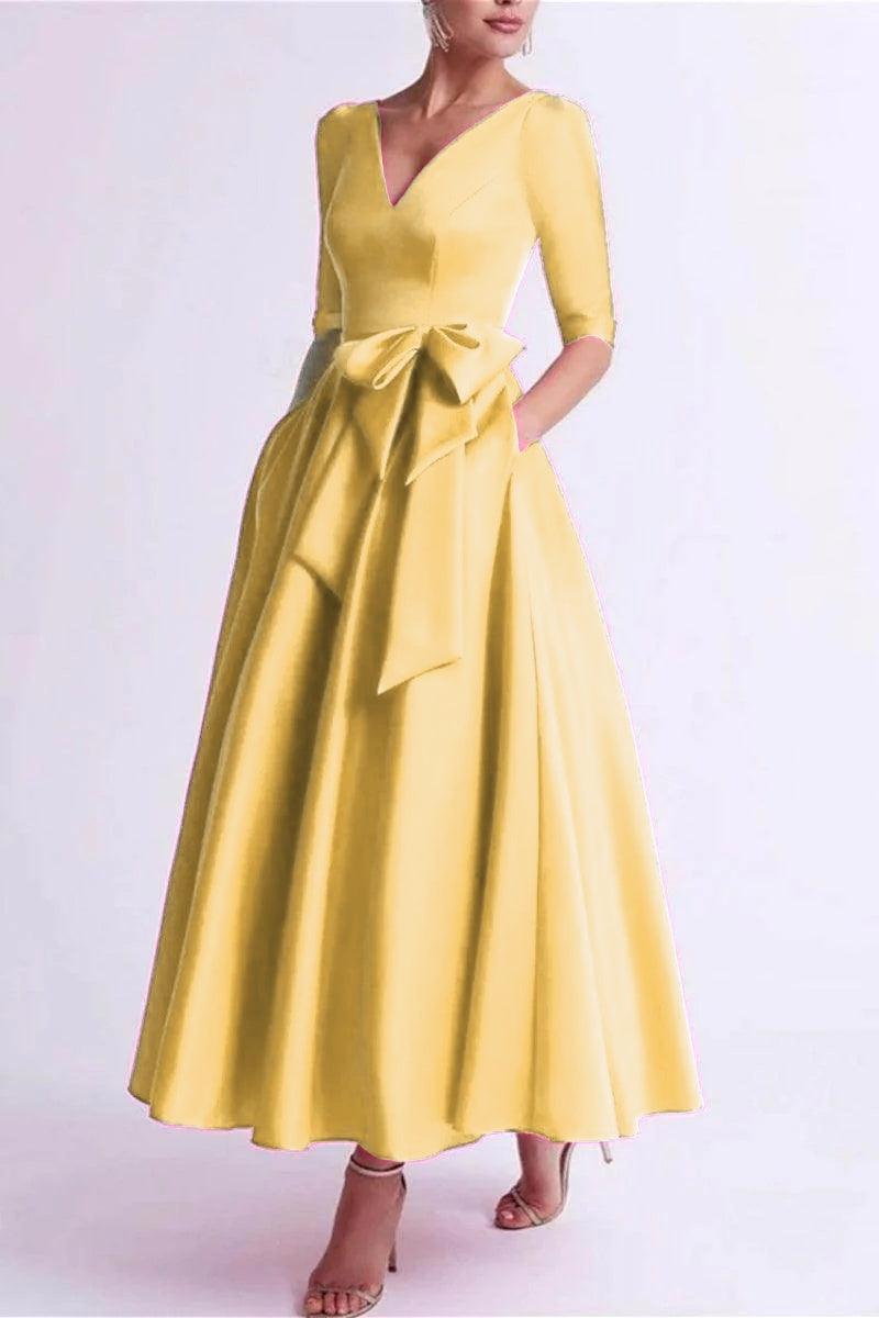 A Line V Neck 3/4 Length Sleeve Tea Length Satin Mother Dresses CM0344