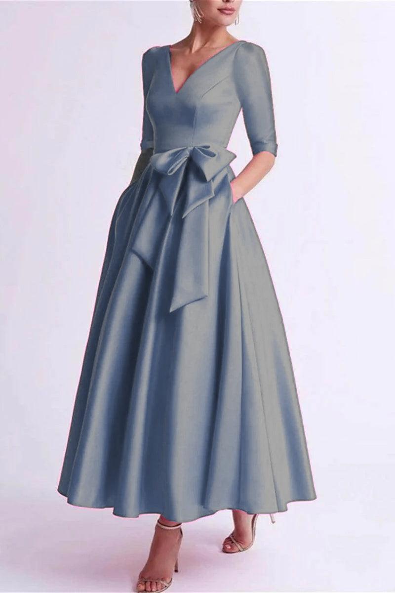 A Line V Neck 3/4 Length Sleeve Tea Length Satin Mother Dresses CM0344