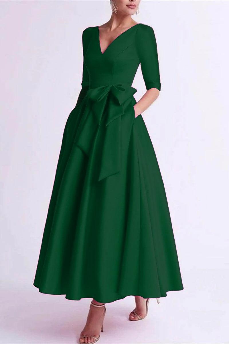 A Line V Neck 3/4 Length Sleeve Tea Length Satin Mother Dresses CM0344