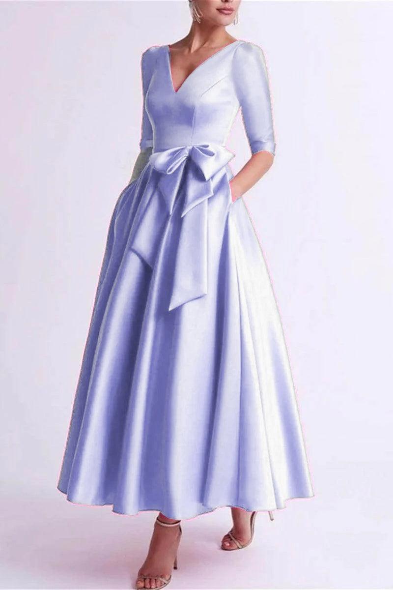 A Line V Neck 3/4 Length Sleeve Tea Length Satin Mother Dresses CM0344