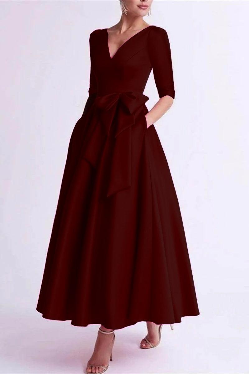 A Line V Neck 3/4 Length Sleeve Tea Length Satin Mother Dresses CM0344